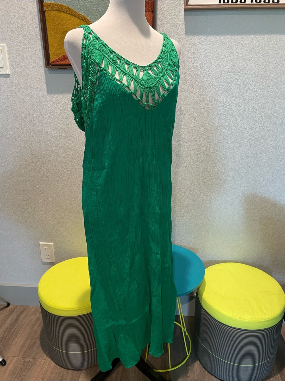 Green Crochet-Trim Sleeveless Maxi Beach Cover Up